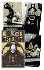 Joker Tarot card deck with various cards displayed, featuring artistic illustrations and text.