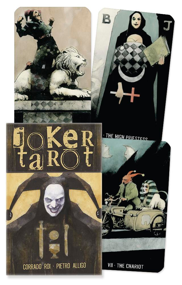 Joker Tarot card deck with various cards displayed, featuring artistic illustrations and text.
