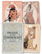 Four cards from 'Oracle of the Chimera' with illustrated characters on a decorative card.