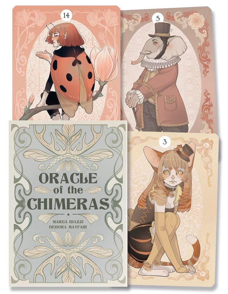 Four cards from 'Oracle of the Chimera' with illustrated characters on a decorative card.