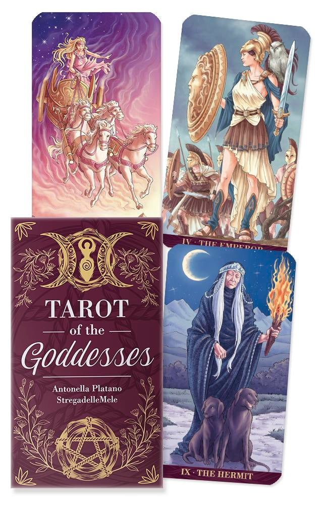 Tarot cards from 'Tarot of the Goddesses' with colorful illustrations and card designs.
