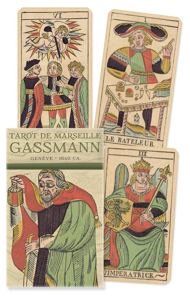 Four tarot cards from the Gassmann Tarot de Marseille set, featuring colorful illustrations of figures and symbols.
