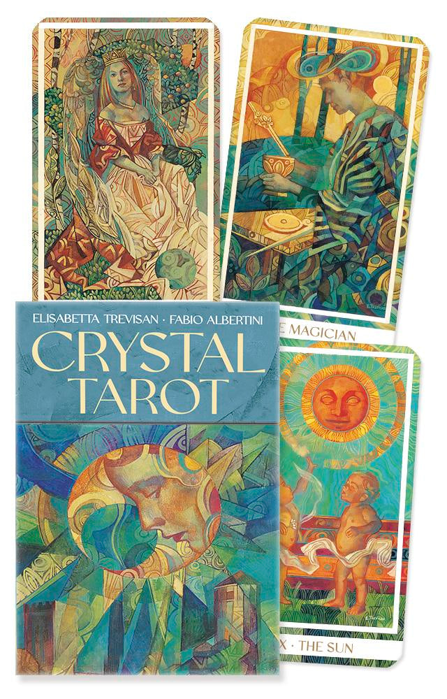 Crystal Tarot cards with colorful artwork and a book titled 'Crystal Tarot' by Elisabetta Trevisan and Fabio Albertini.
