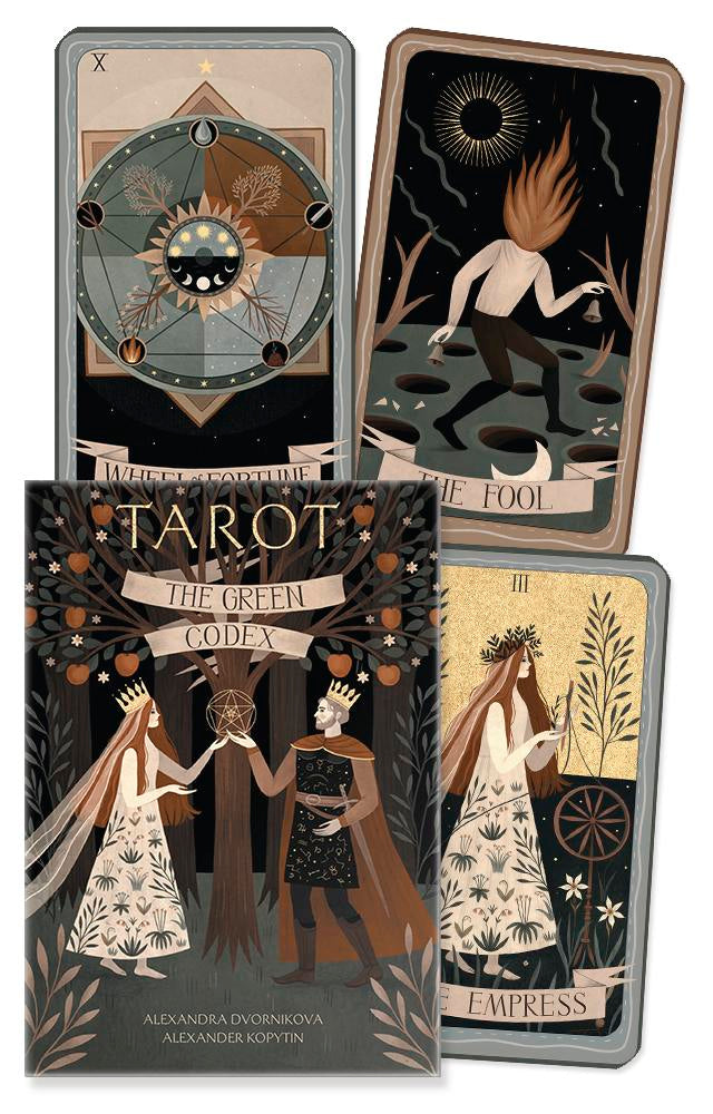 Collection of tarot cards with artistic designs and a book titled 'The Green Code' on a white background.