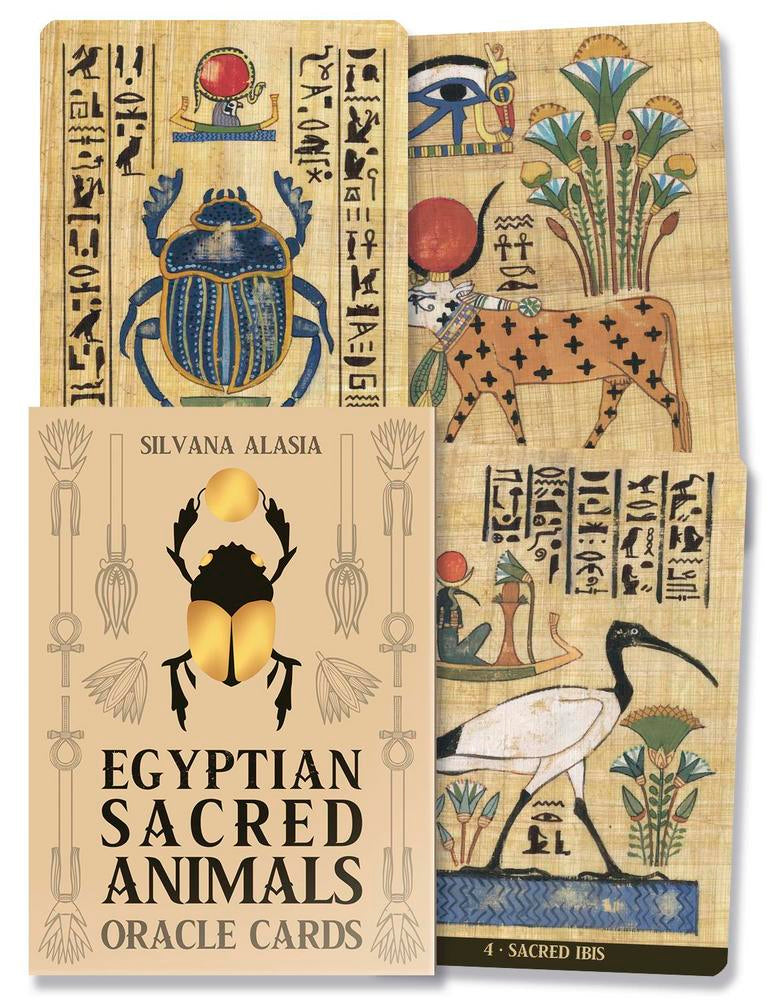 Oracle cards with Egyptian sacred animals design on a beige background
