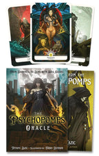 Psychopomps Oracle cards with tarot-like design and dark, mystical imagery.