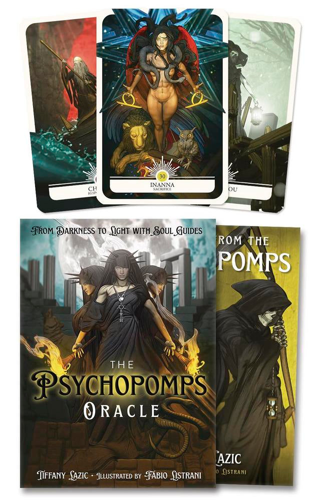 Psychopomps Oracle cards with tarot-like design and dark, mystical imagery.