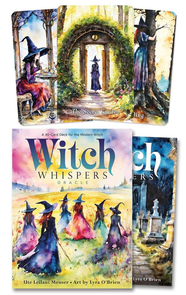 Witch Whispers Oracle cards with colorful illustrations of witches and a garden scene.