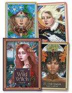 Four tarot cards featuring illustrated women with nature-themed designs on a white background.