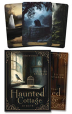 Set of oracle cards titled 'Haunted Cottage' with dark, atmospheric illustrations.