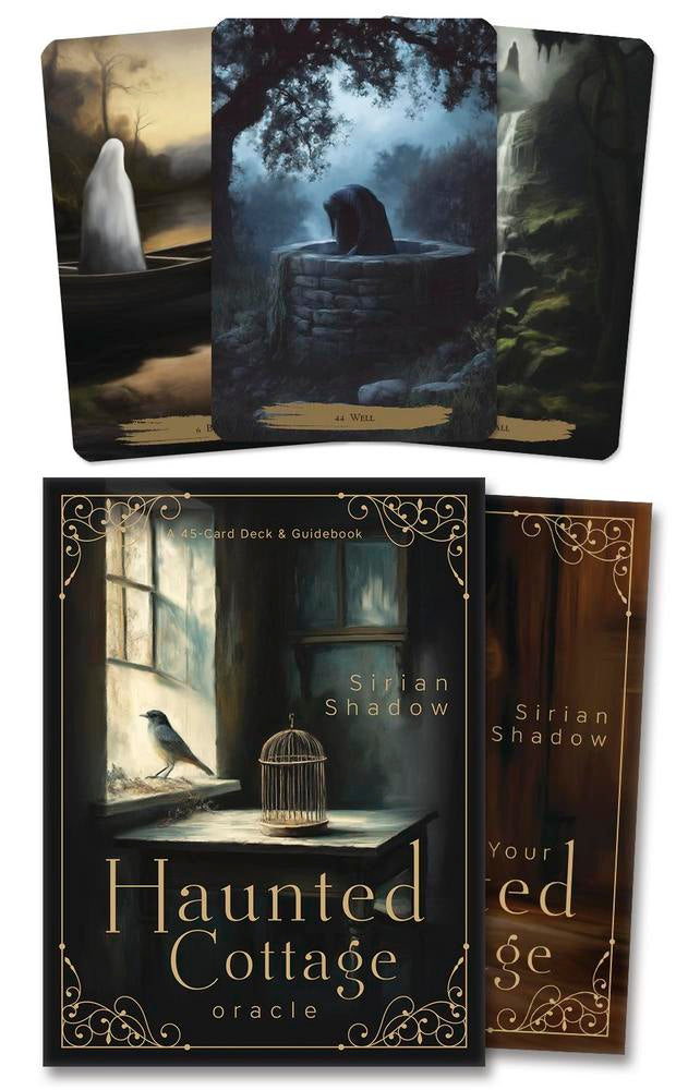 Set of oracle cards titled 'Haunted Cottage' with dark, atmospheric illustrations.