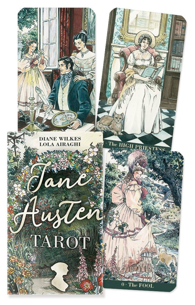 Jane Austen Tarot card set with illustrations of characters and cards.