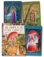 Collection of Mushroom Folk Oracle cards with colorful illustrations and text.
