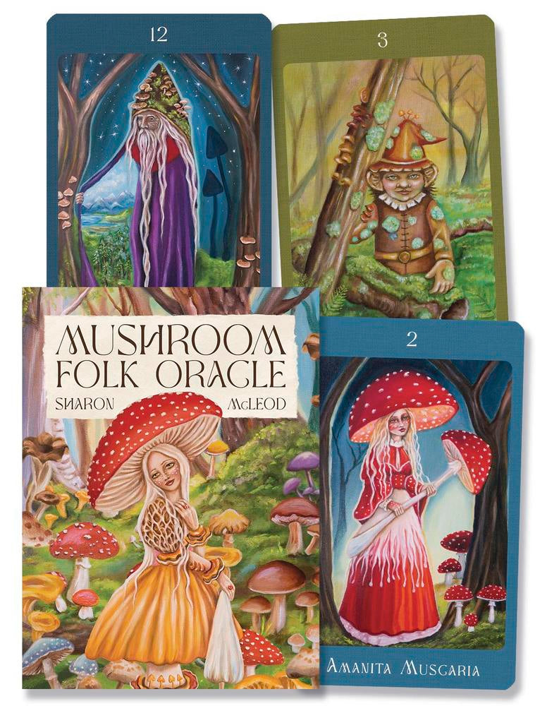 Collection of Mushroom Folk Oracle cards with colorful illustrations and text.