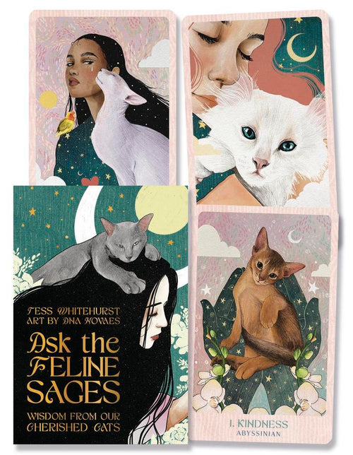 Four tarot card-style illustrations featuring people and cats with celestial and nature-themed backgrounds.