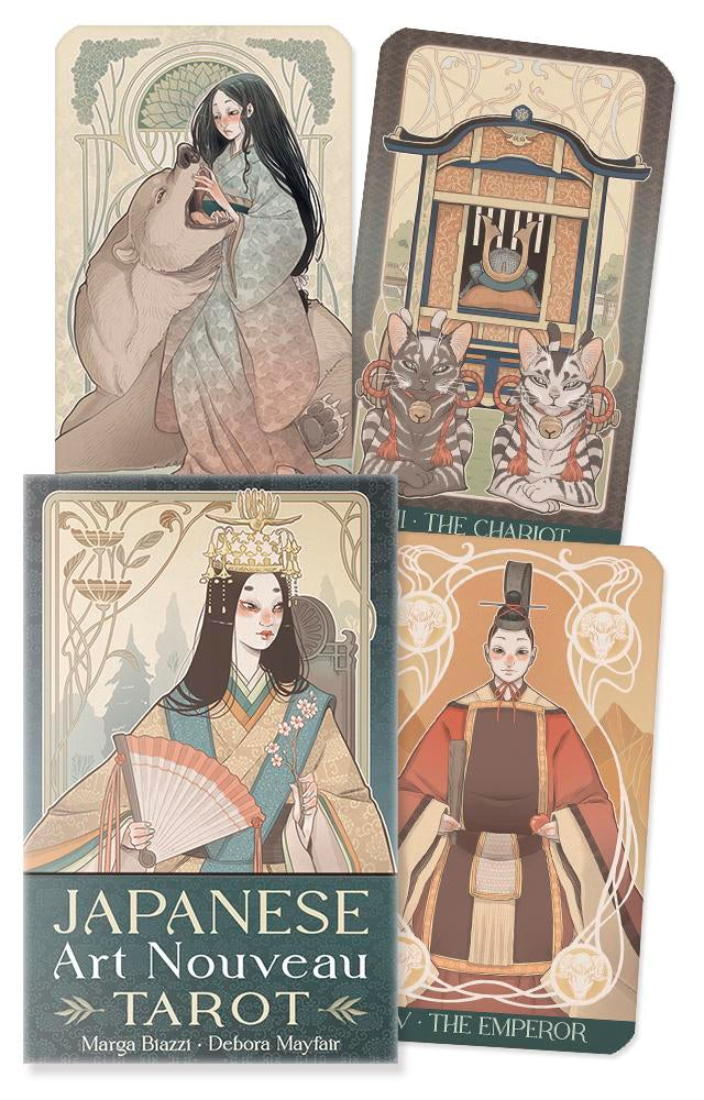 Four cards from a Japanese Art Nouveau Tarot set with illustrated characters and decorative designs.