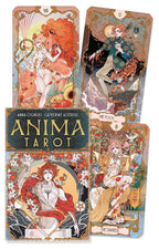Anima Tarot cards with artistic designs and card holder on a white background