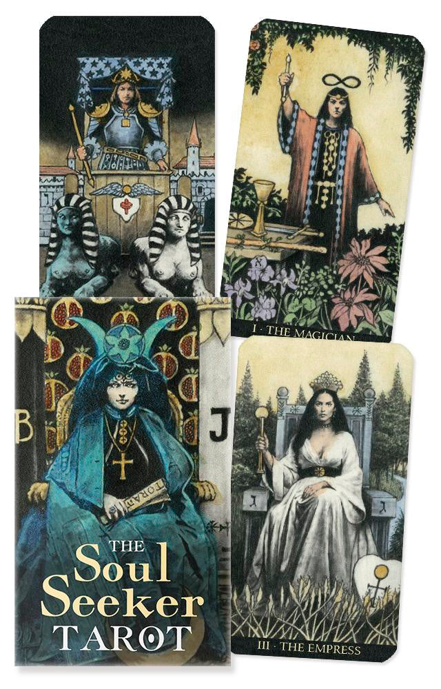 Set of tarot cards with illustrated figures and 'The Soul Seeker Tarot' text.