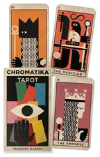 Four tarot cards from the Chromatika deck by Federico Babina, featuring abstract designs and titles.