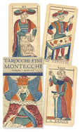 Four tarot cards from the Montecchi Tarocchi Fine deck with colorful illustrations of figures and text.