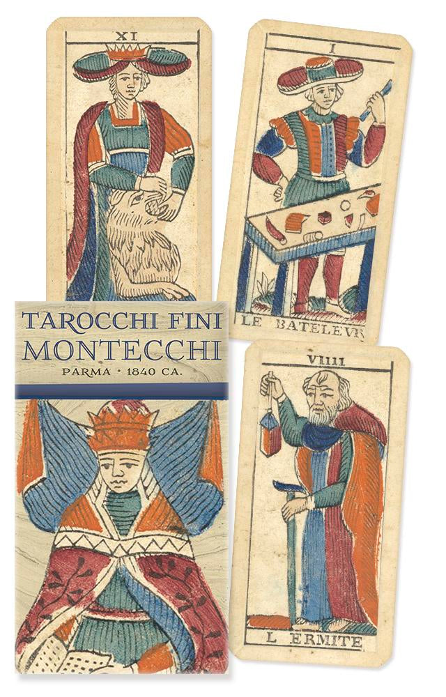 Four tarot cards from the Montecchi Tarocchi Fine deck with colorful illustrations of figures and text.