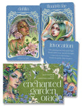 Enchanted Garden Oracle cards with artistic illustrations of women and nature elements.