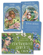 Enchanted Garden Oracle cards with artistic illustrations of women and nature elements.