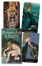 Four tarot cards from the Morgan le Fay Tarot set with detailed artwork and card covers.