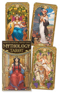 Four tarot cards from the Mythology Tarot set with decorative borders and illustrations of women in classical attire.