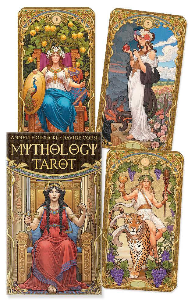 Four tarot cards from the Mythology Tarot set with decorative borders and illustrations of women in classical attire.