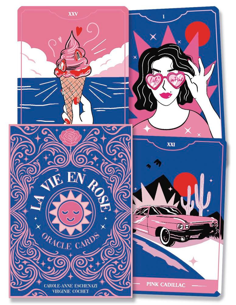 Set of 'La Vie en Rose' oracle cards with colorful illustrations and text.