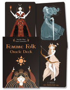 Femme Folk Oracle Deck with illustrations of women in various poses on a dark background.