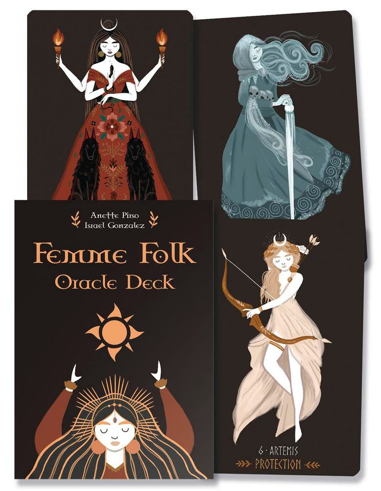 Femme Folk Oracle Deck with illustrations of women in various poses on a dark background.