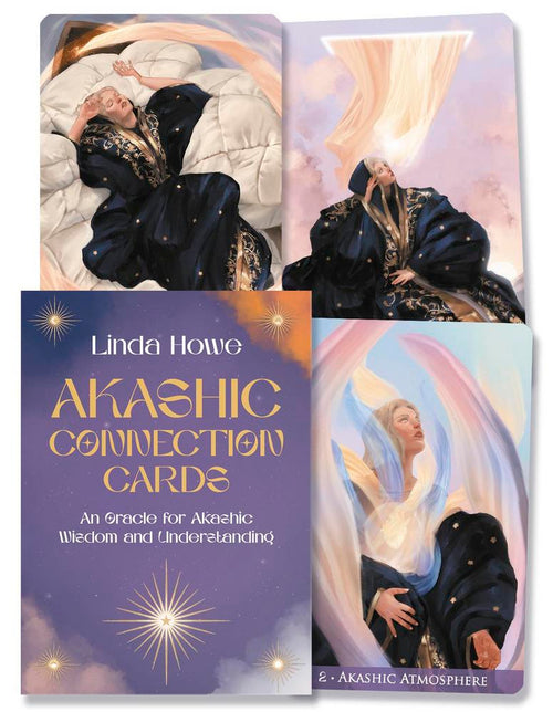 Akashic Connection Cards by Linda Howe with artistic illustrations on a purple background
