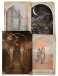 Collage of tarot card designs with mythological scenes and text 'Daughters of the Aether' and 'The Amazons'.