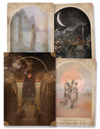 Collage of tarot card designs with mythological scenes and text 'Daughters of the Aether' and 'The Amazons'.