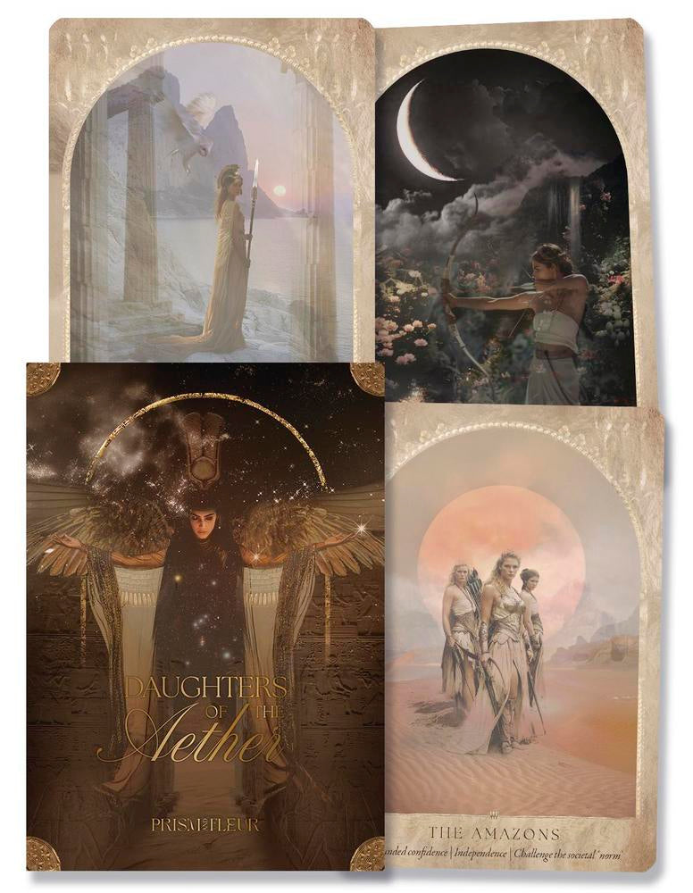 Collage of tarot card designs with mythological scenes and text 'Daughters of the Aether' and 'The Amazons'.