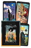 Collection of tarot cards with artistic designs and 'The Cavendish Novaes Tarot' book.