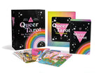 Queer Tarot card set with packaging and cards displayed on a white background