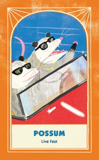 Illustration of a possum wearing sunglasses, sitting in a car with a blue sky background.