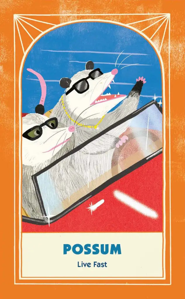 Illustration of a possum wearing sunglasses, sitting in a car with a blue sky background.