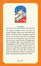 Card with a cartoon possum on a smartphone, text about 'Live Fast' lifestyle, and an orange border.