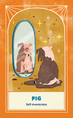 Illustration of a pig looking at itself in a mirror with a starry night background.