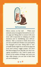 Illustration of a pig looking at itself in a mirror with text about self-awareness on an orange background.