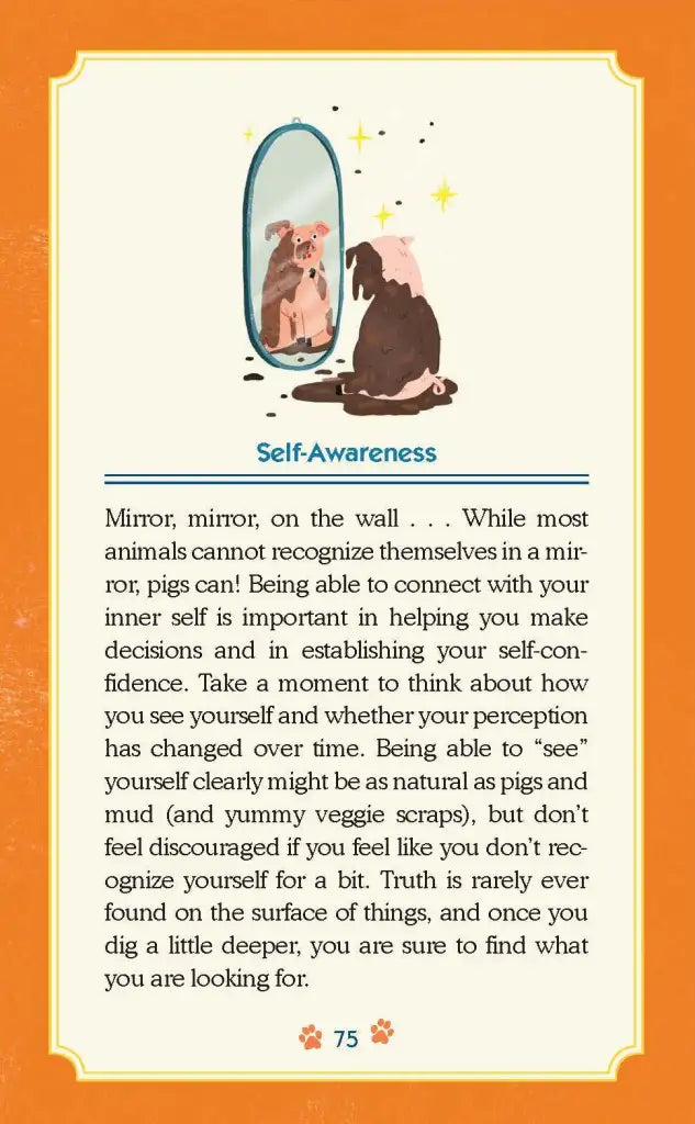Illustration of a pig looking at itself in a mirror with text about self-awareness on an orange background.
