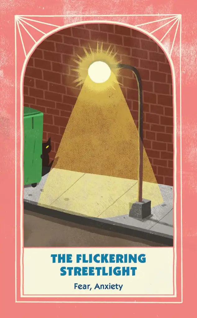 Illustration of a flickering streetlight on a pink background with text 'The Flickering Streetlight: Fear, Anxiety'.