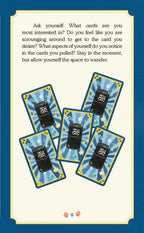 Five tarot cards with a blue border and text on a white background