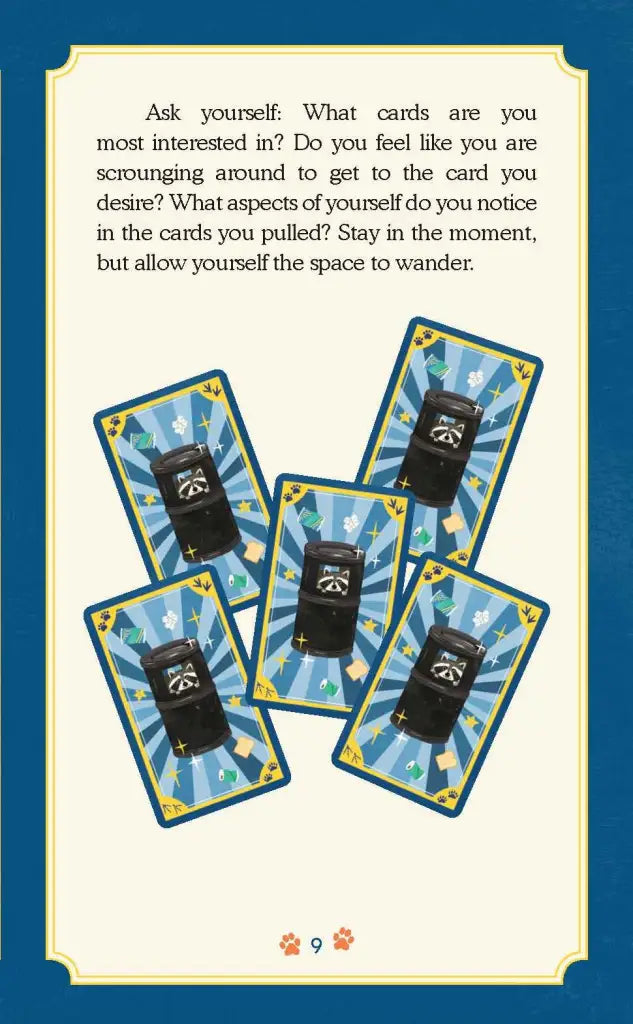 Five tarot cards with a blue border and text on a white background