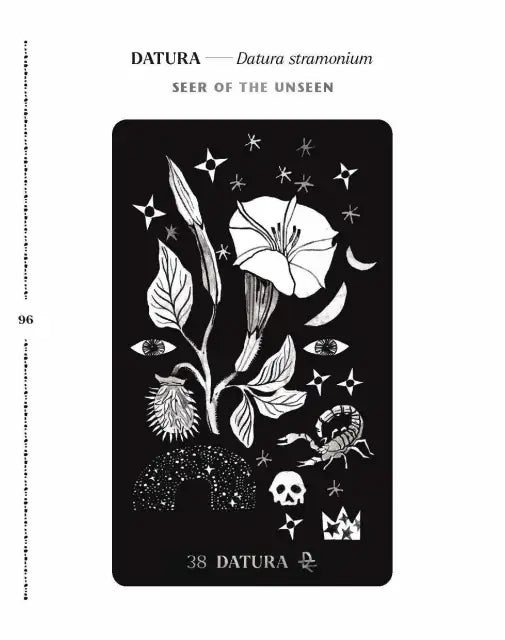 Black and white illustration of a plant with star-like shapes and text on a black background