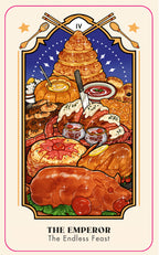 Card titled 'The Emperor' with a feast scene and food items on a starry night background.